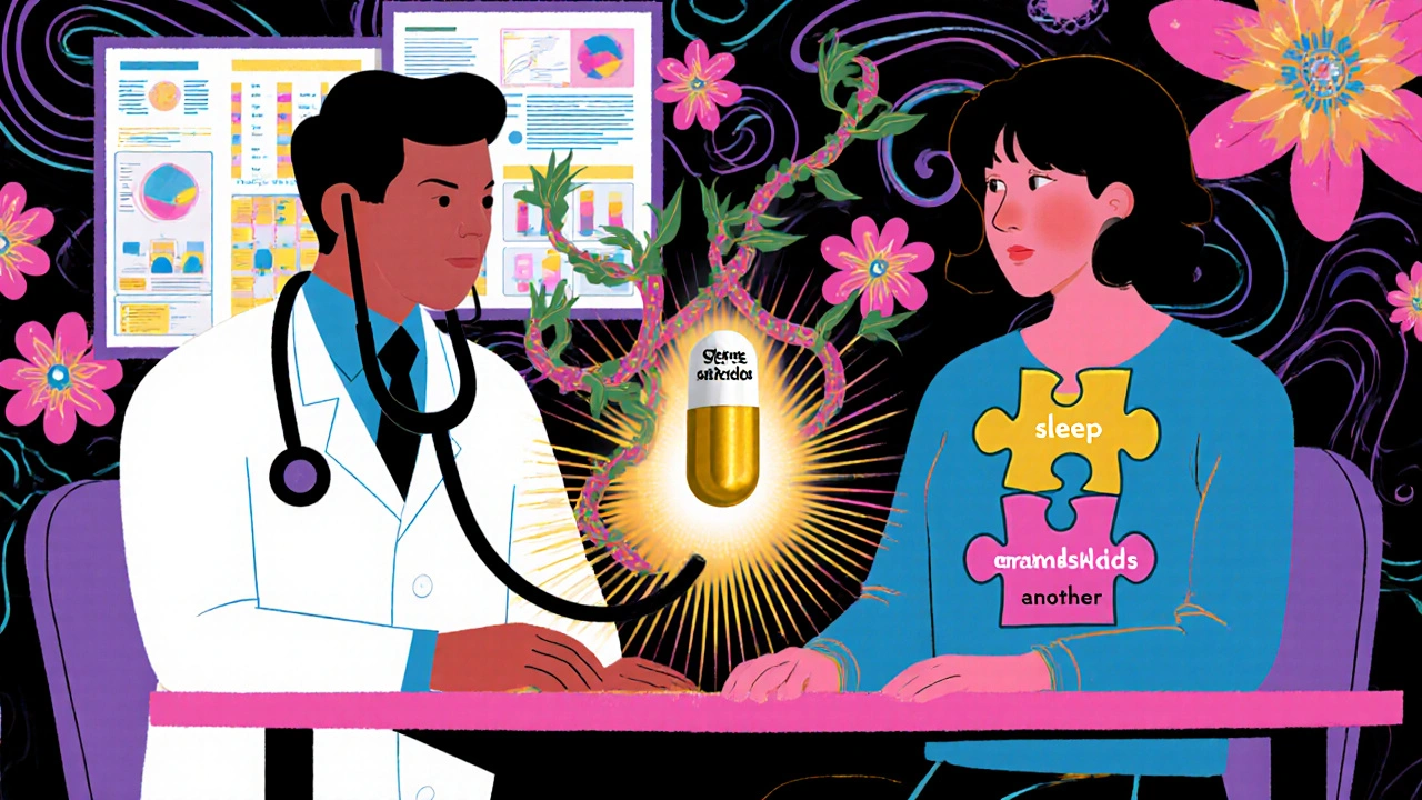 A doctor and patient sit together as a single pill becomes the center of a puzzle representing quality of life, surrounded by organic, flowing designs.