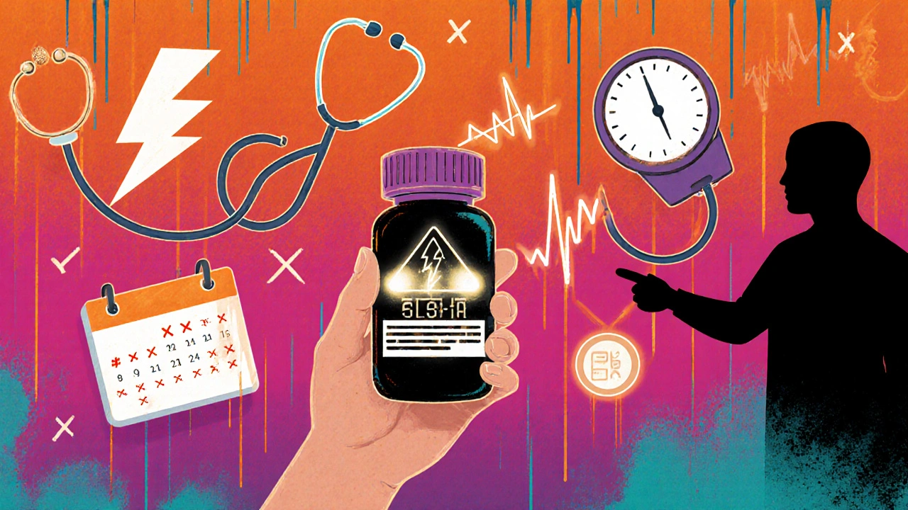 A patient holds a pill bottle with a glowing black box, surrounded by surreal medical symbols in vibrant colors.