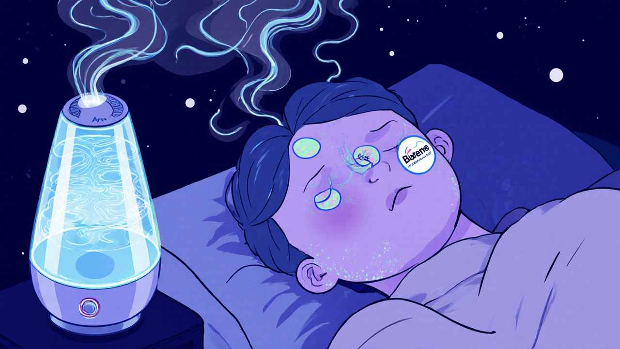A person sleeping with glowing moisture streams from a humidifier and dissolvable discs on their cheek.