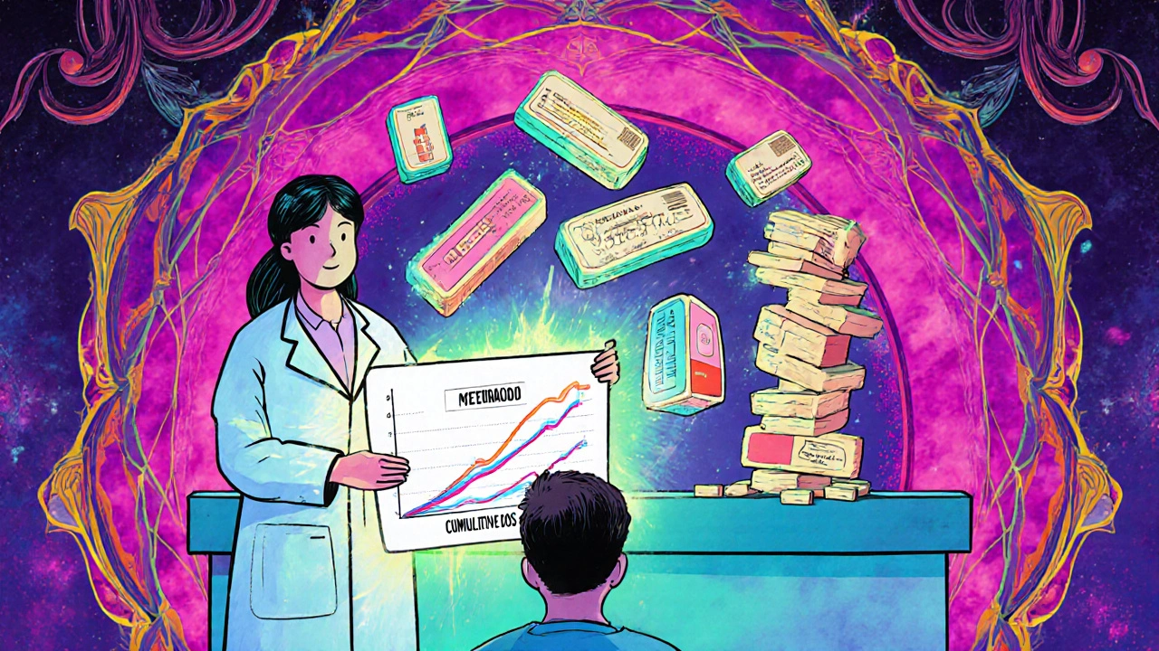 A pharmacist holding a glowing chart as drug icons form a crumbling tower above a patient&#039;s head.