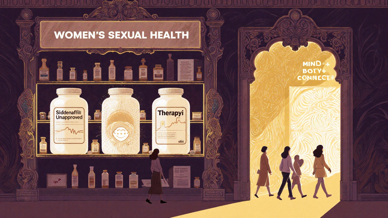 A pharmacy shelf with three options for women&#039;s sexual health, showing sildenafil fading and therapy glowing brightly.