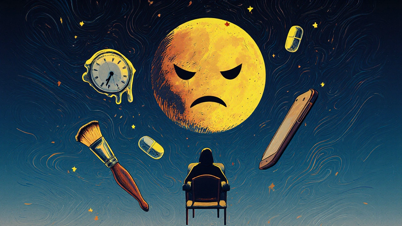 A solitary figure in a starry sky surrounded by melting clocks, falling paintbrushes, and raining pills under a frowning moon.