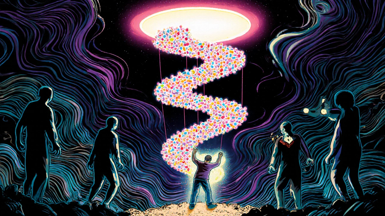 A spiraling staircase of drug doses ascending into a medical halo, with failed alternatives crumbling below in psychedelic illustration style.