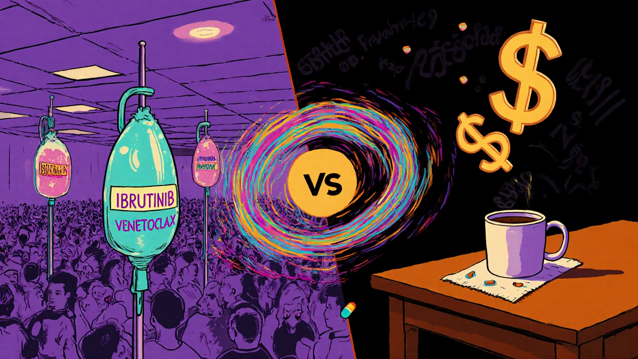 A split scene: busy hospital infusion room on one side, quiet kitchen table with a single pill on the other, connected by swirling cost symbols.