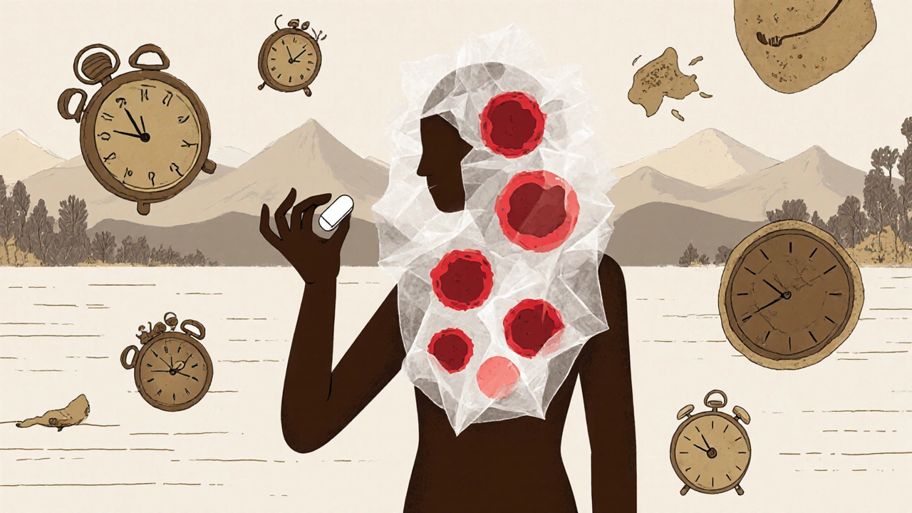 A translucent human figure with glowing blood cells holds a chlorambucil tablet, reaching toward a peaceful horizon amid floating symbols of fatigue and time.