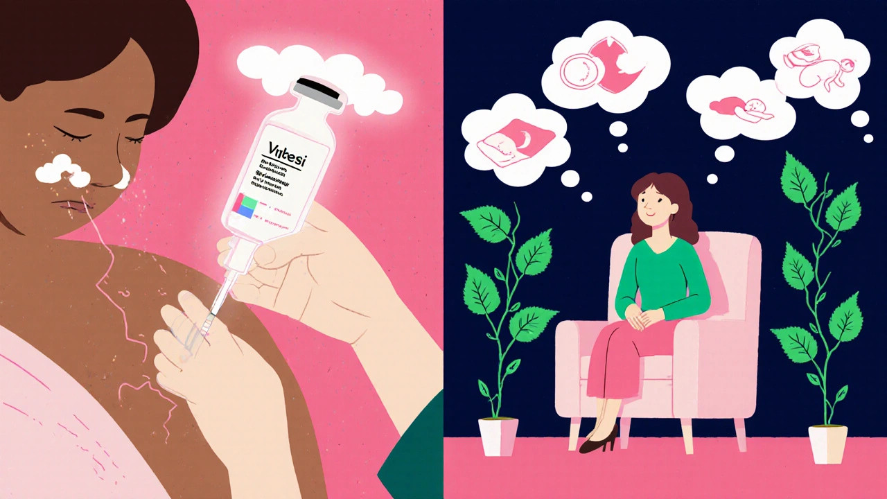 A woman choosing between an injection with side effects and calm therapy surrounded by sleep, exercise, and touch symbols.