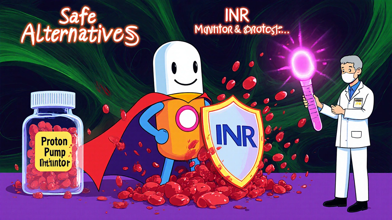 Acetaminophen hero with PPI shield and lab tech monitoring INR protect patient from bleeding.