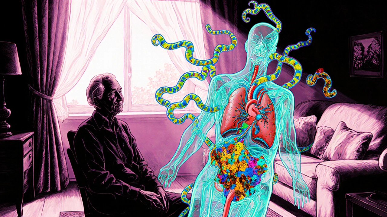 An elderly person surrounded by ghostly drug molecules coiling around vital organs in swirling psychedelic patterns.