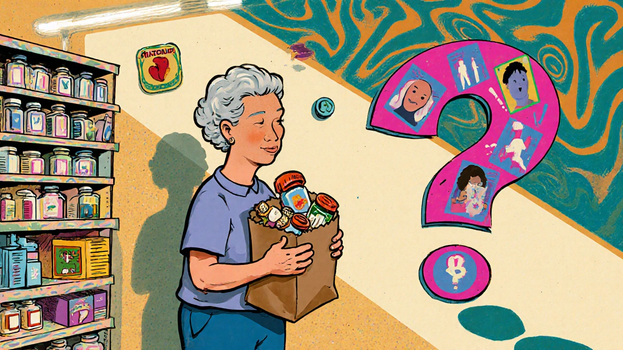 An elderly woman holds a brown bag of medications in a pharmacy, her shadow forming a question mark amid floating symbols of side effects.