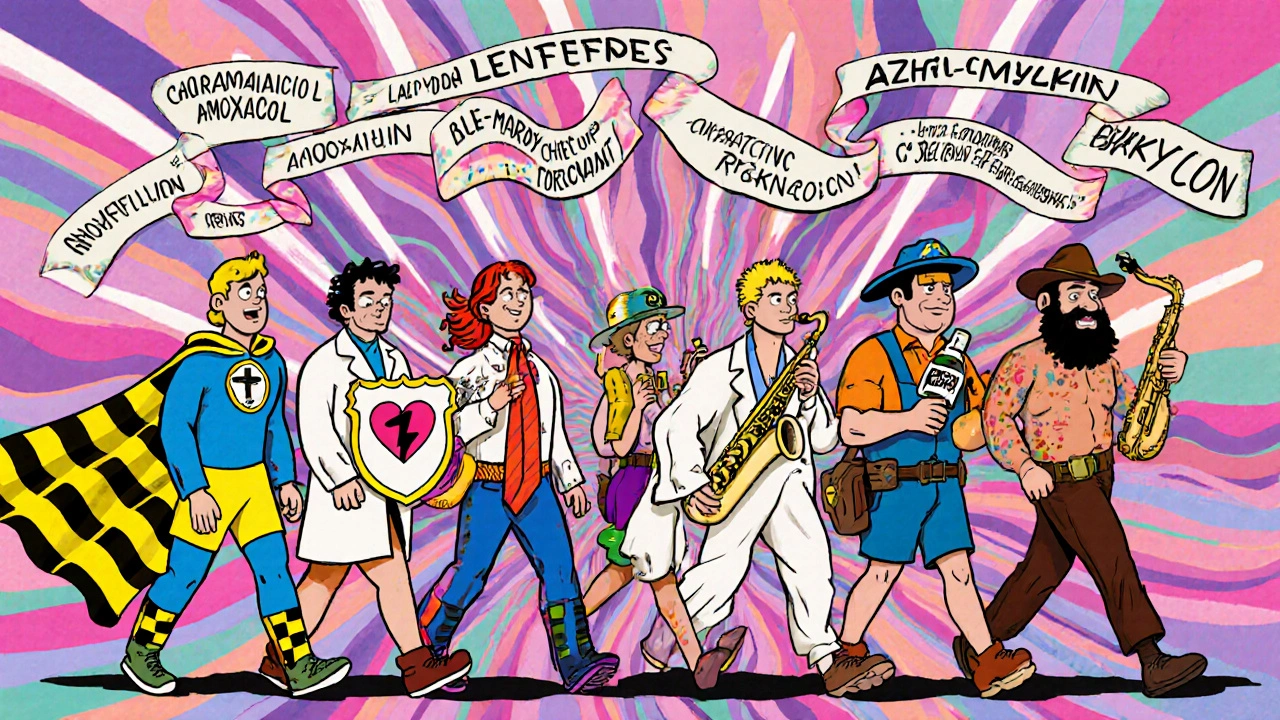Animated parade of antibiotic characters, each showing their side effects and safety icons.