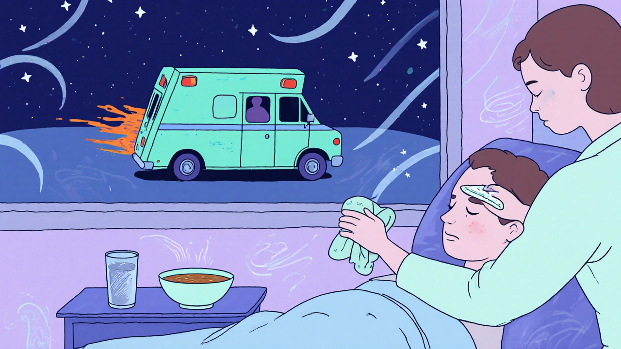 Caregiver applies a cool cloth to a feverish patient at home, with an ambulance visible outside.