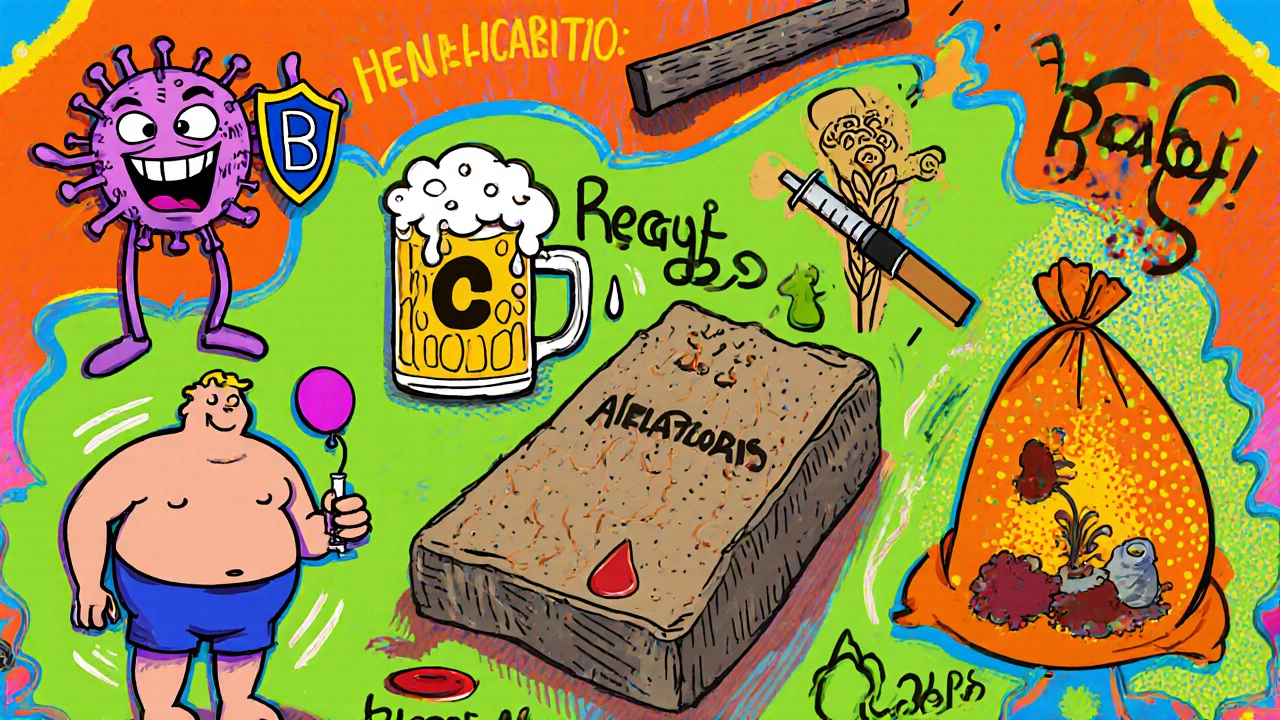 Cartoon of hepatitis B, hepatitis C, alcohol, obesity, aflatoxin, smoking, and iron risks.