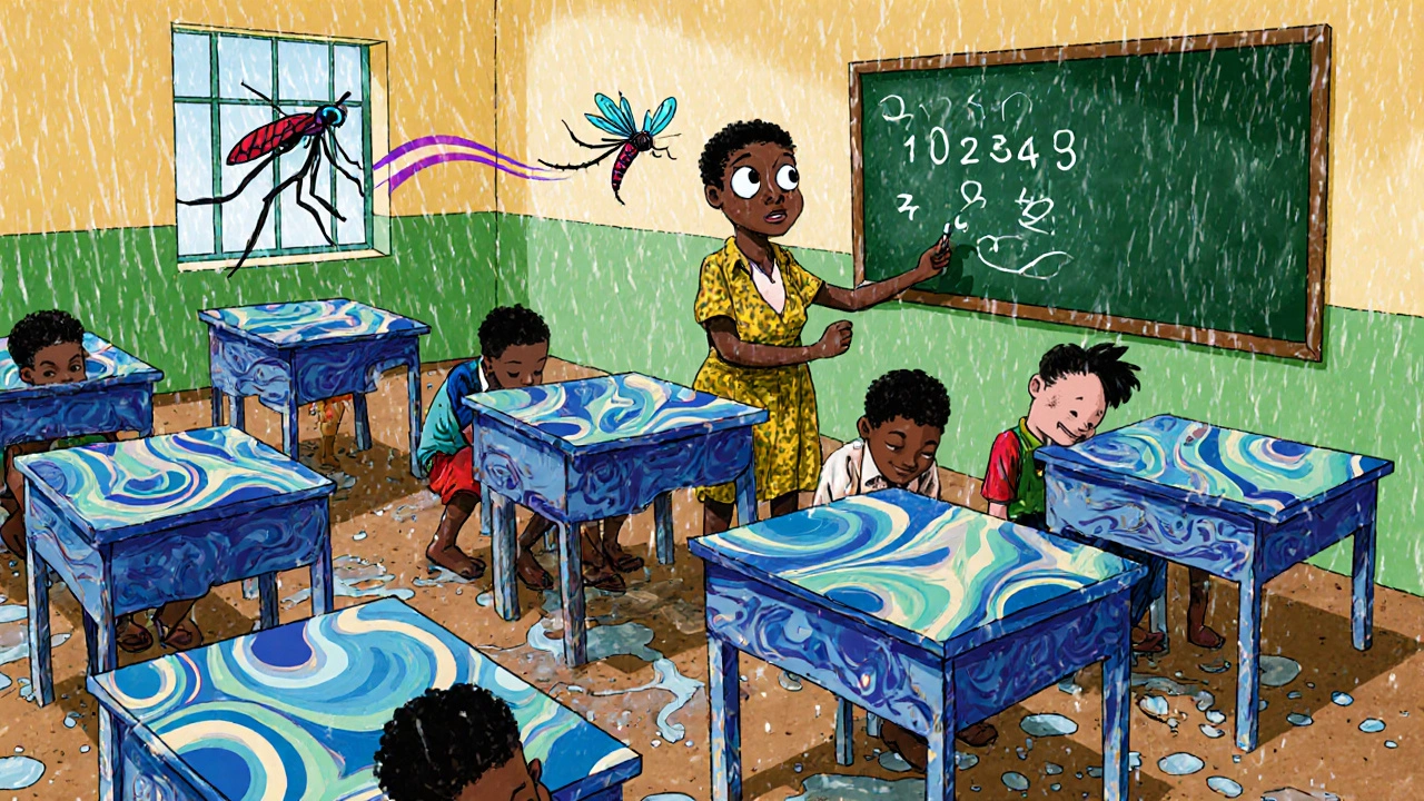 Classroom with empty desks, tired children, and a mosquito flying by the window.