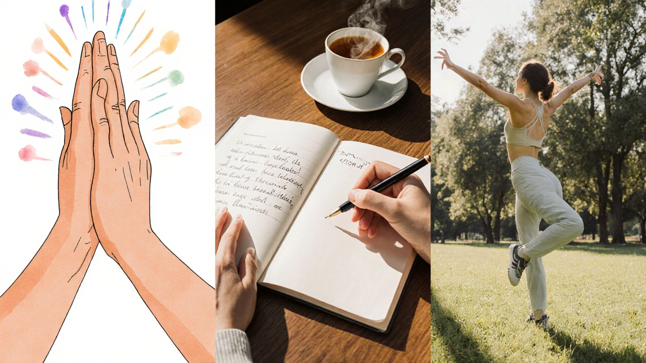 Collage of breathing, journaling, and stretching self‑care activities in warm tones.