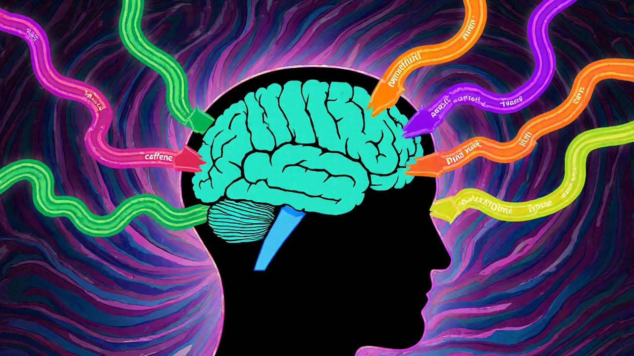 Colorful brain with glowing pathways representing different wakefulness compounds.