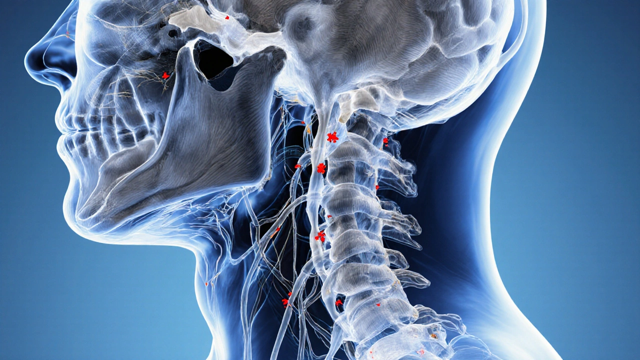 Cross‑section illustration showing neck muscles, cervical nerves connecting to the trigeminal nerve with red CGRP dots.