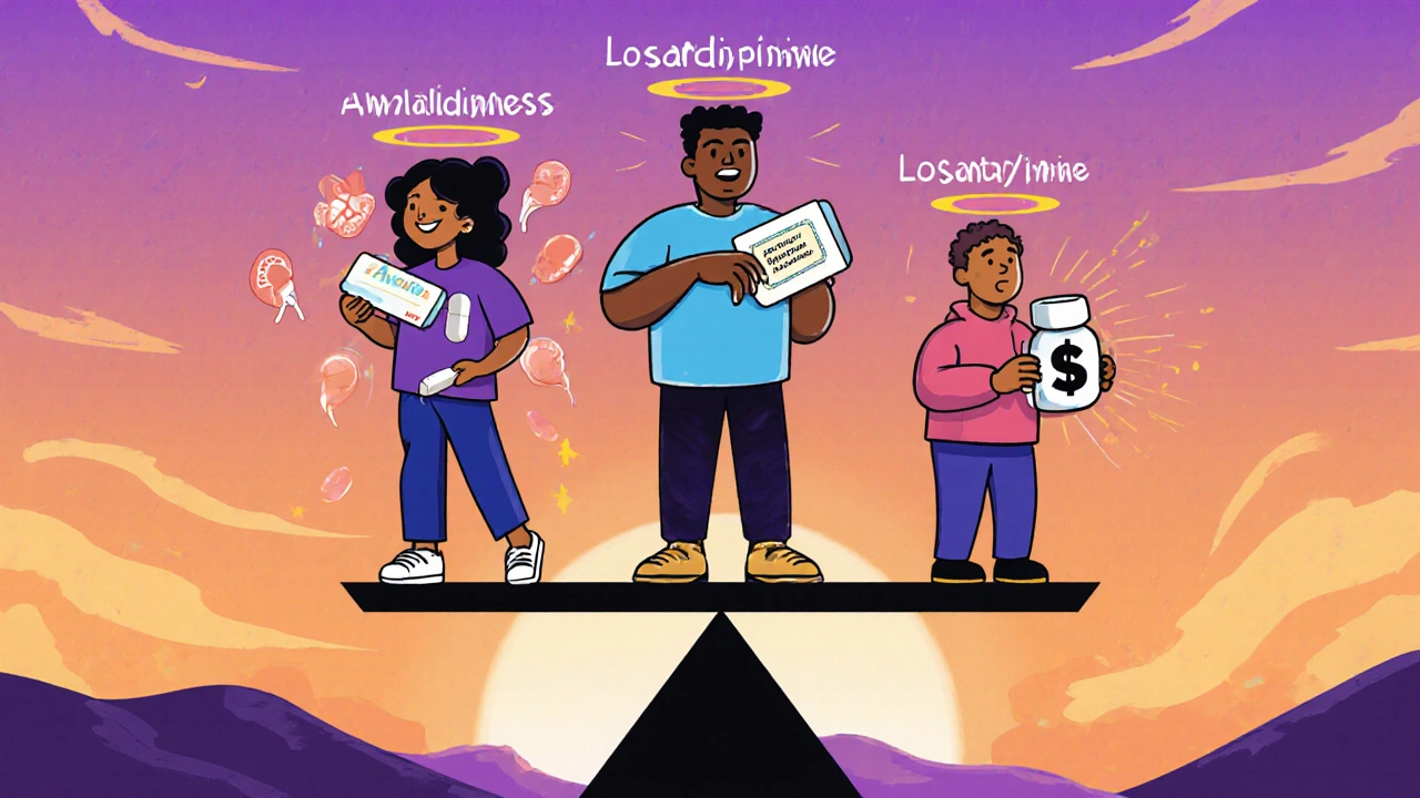 Diverse people holding different blood pressure meds on a balance scale with kidney, ankle, and dollar icons.