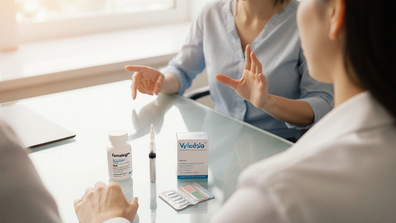 Doctor&#039;s office scene with a patient reviewing a tablet, injector pen, and hormone patch.