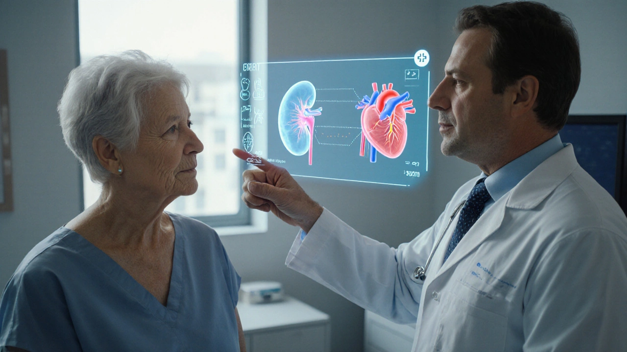 Doctor and patient reviewing holographic kidney and heart displays in a bright exam room.