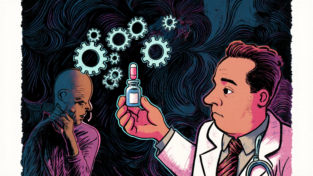 Doctor giving risperidone pill that transforms into gears grinding against obsessive thoughts in therapy room.