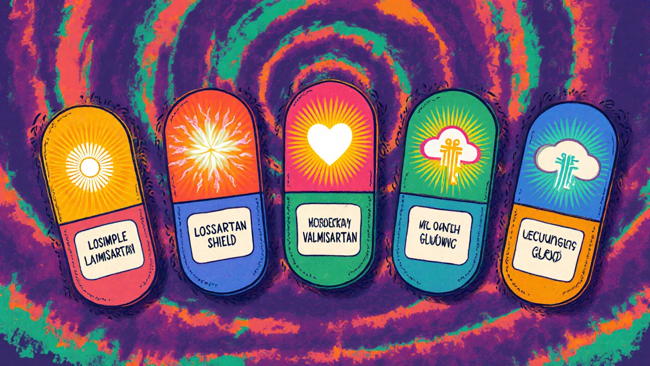 Five stylized blood pressure pills compared with unique energy patterns and labels in retro psychedelic art.