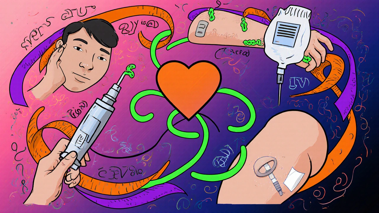 Four lidocaine administration methods: gel, patch, IV, nerve block, shown in a circular psychedelic layout.