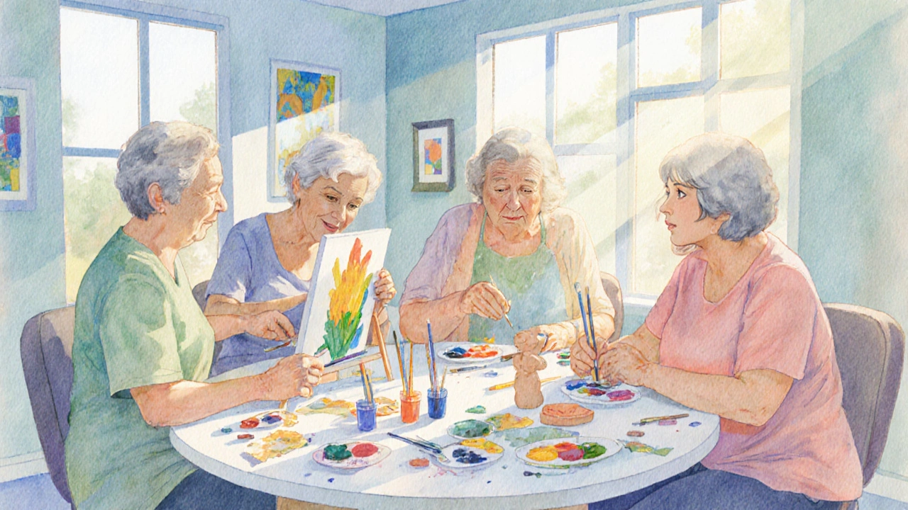Group art therapy session with participants painting and sculpting in a bright studio.