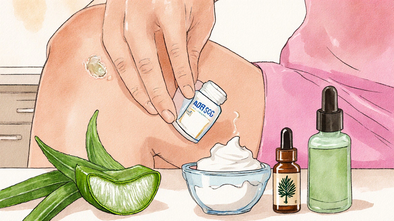 Hand applying hydrocortisone cream near aloe leaf and baking soda paste.