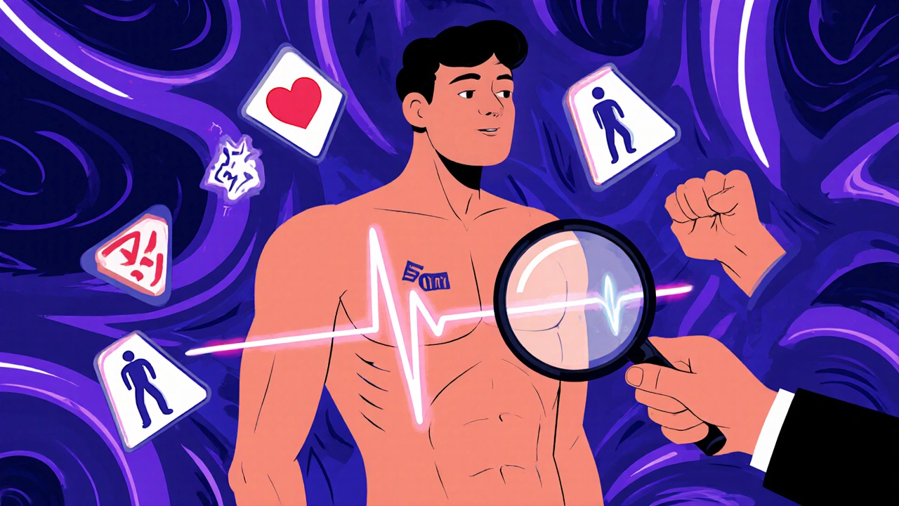 Human chest with glowing ECG ribbon, surrounded by medical warning symbols in psychedelic style.