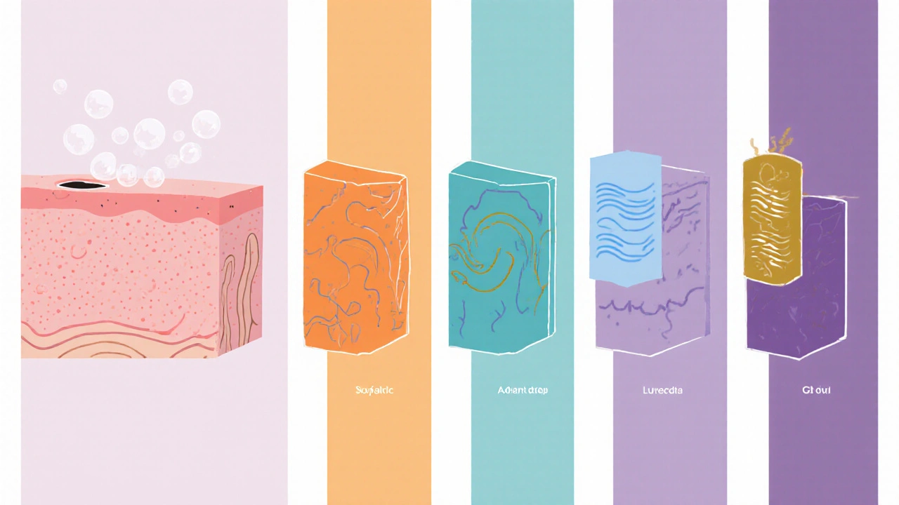 Illustrated skin slices showing how five acne products work inside pores.
