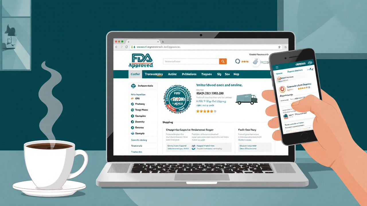 Illustration of laptop showing pharmacy license, FDA label, shipping info, and reviews.
