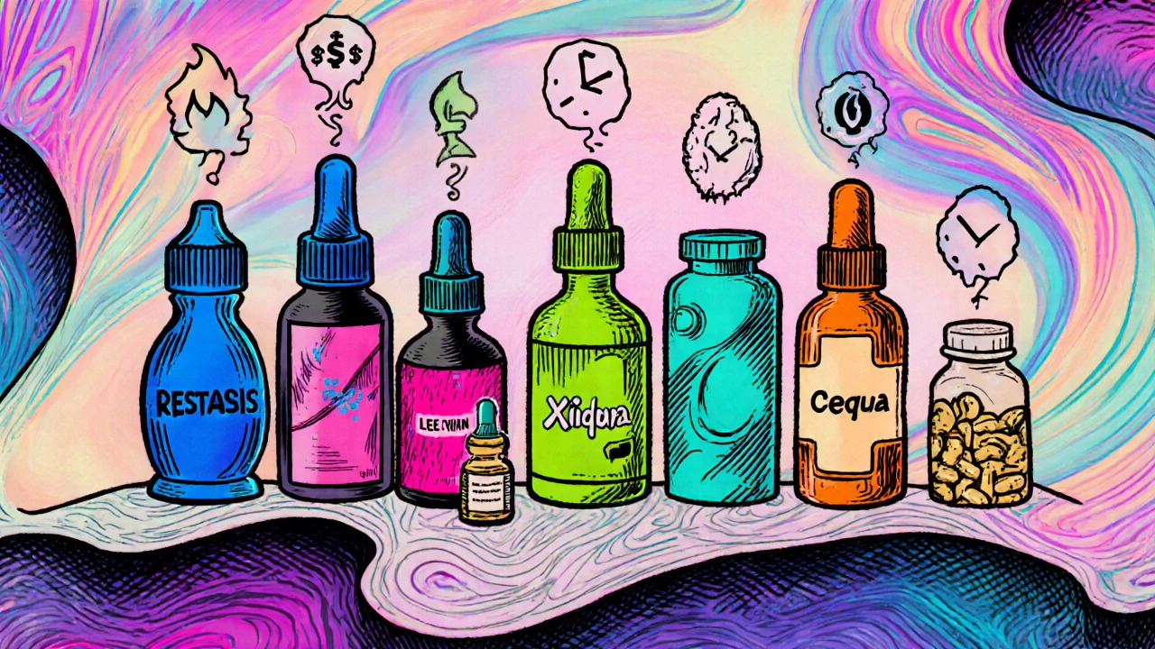 Lineup of various eye‑drop bottles and supplements with symbolic icons in a neon style.