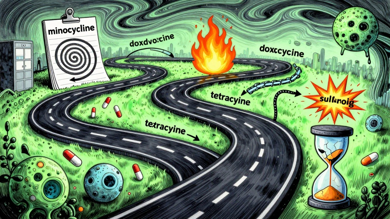 Medical road with antibiotic pathways and side effect symbols in vibrant 1960s poster style