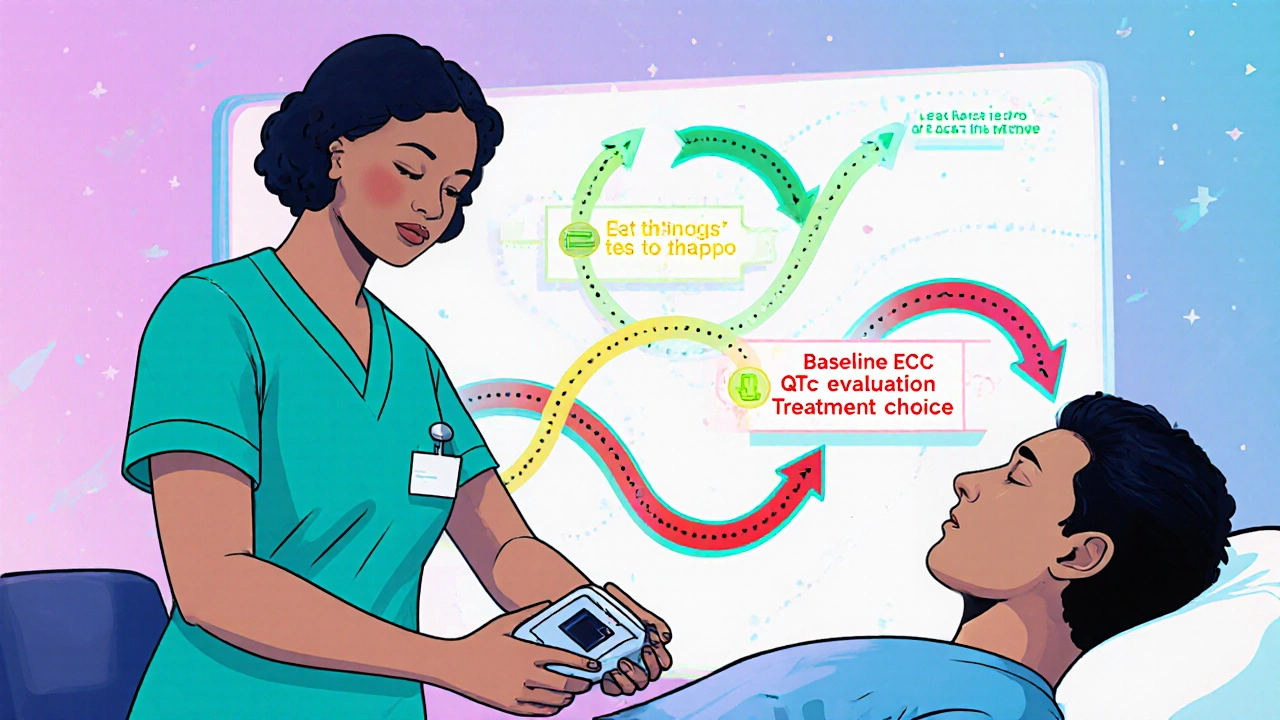 Nurse using a handheld ECG on a patient with a glowing flowchart of arrows indicating risk assessment steps.