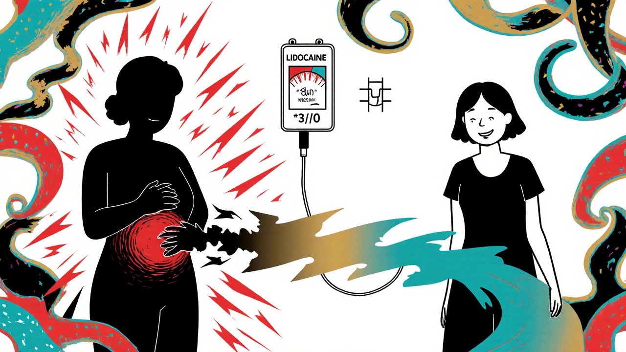 Patient in severe pain transforms to comfort after IV lidocaine, pain level drops, illustrated with colorful gradients.