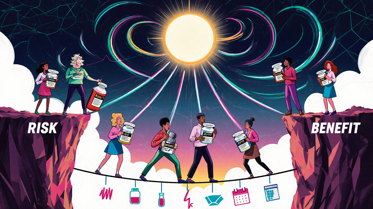 People walk a tightrope between risk and benefit, connected by monitoring symbols to doctors below.