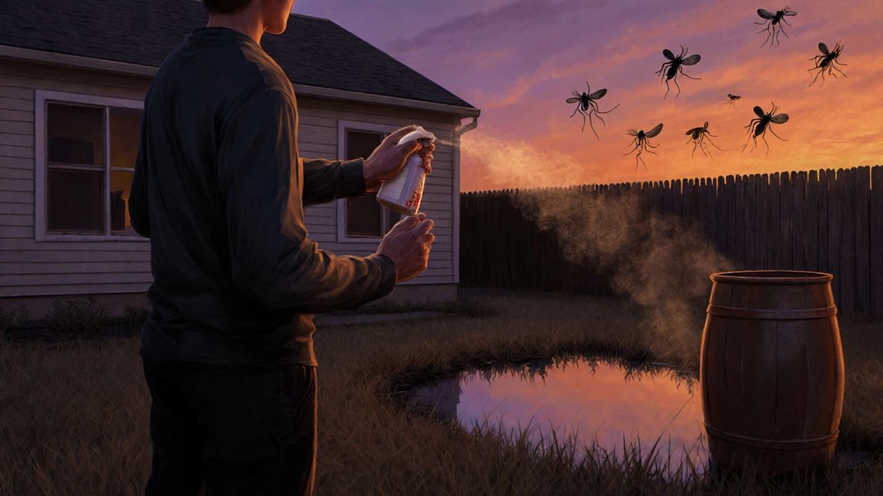Person applying repellent at dusk; backyard cleared of standing water.