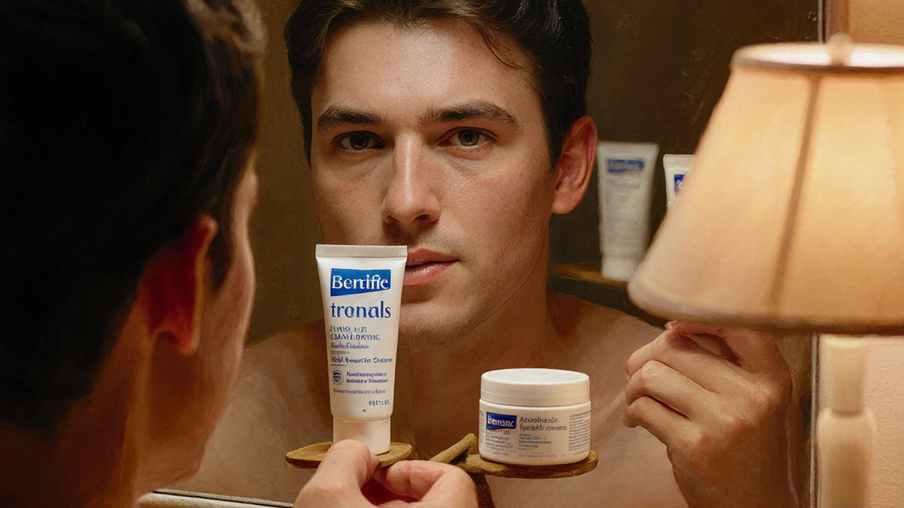 Person examining half oily, half calm skin in mirror with a scale holding two treatments.