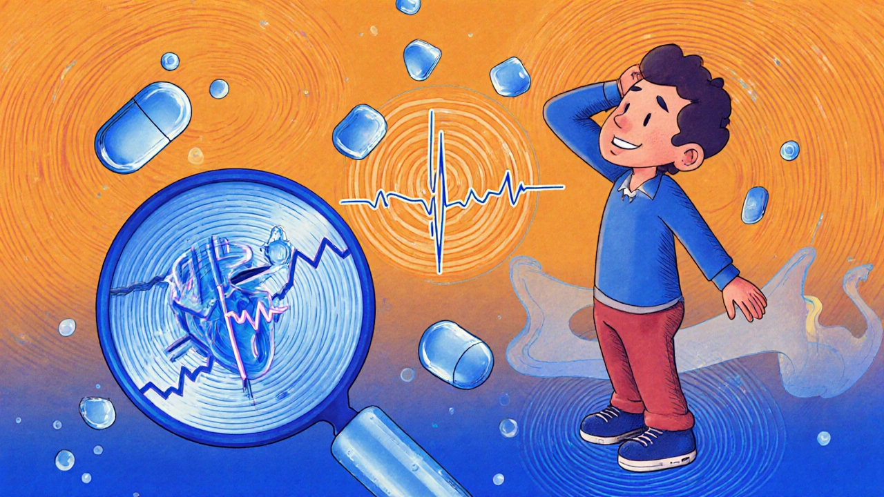 Person feeling dizzy with floating heartbeat and magnesium capsule in psychedelic colors.