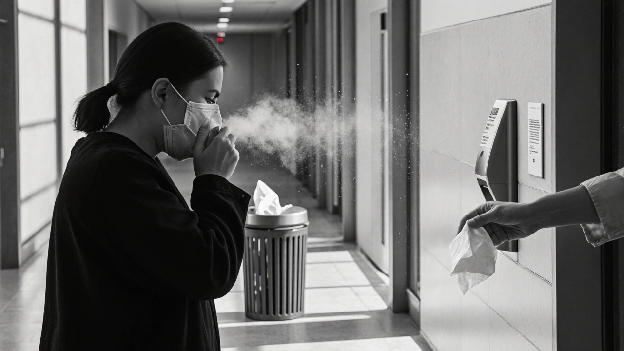 Person in mask coughs into elbow, discards tissue, uses sanitizer in hallway.