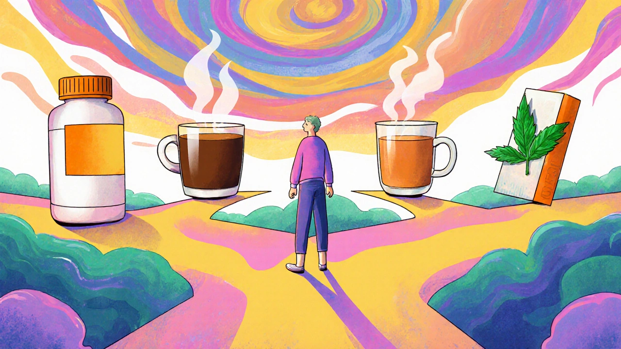 Person standing at a crossroads with road signs shaped like a pill bottle, coffee cup and tea leaf.