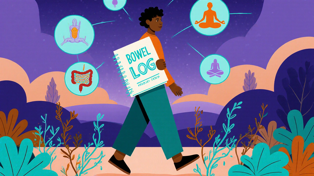 Person walking in garden with journal and abstract symbols of health and hydration.