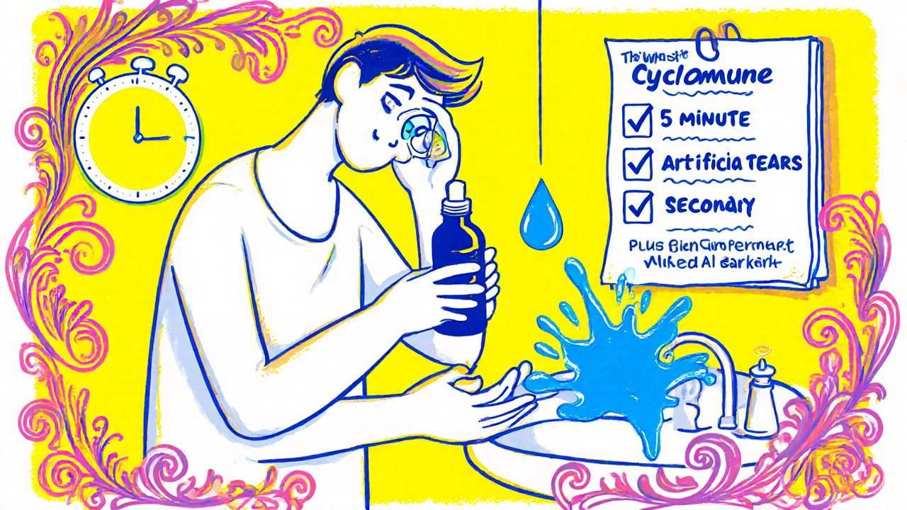 Person washing hands and applying Cyclomune drops, showing a 5‑minute pause before tears.