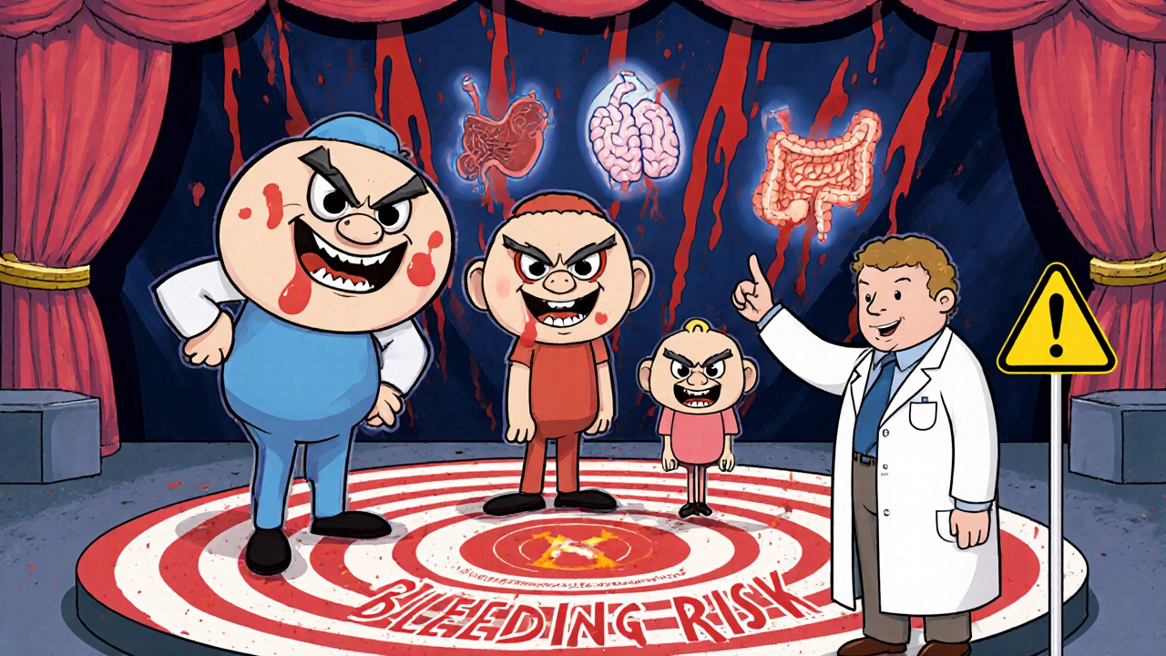 Personified NSAIDs Naproxen and Diclofenac appear threatening, Celecoxib calmer, pharmacist warns.