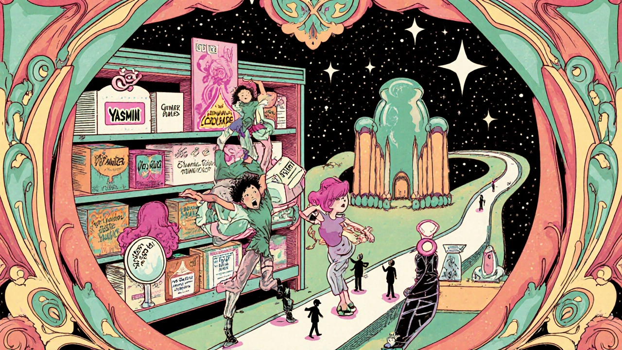 Pharmacy shelf with dancing pill packs and IUDs as cosmic figures in swirling Art Nouveau-inspired design.