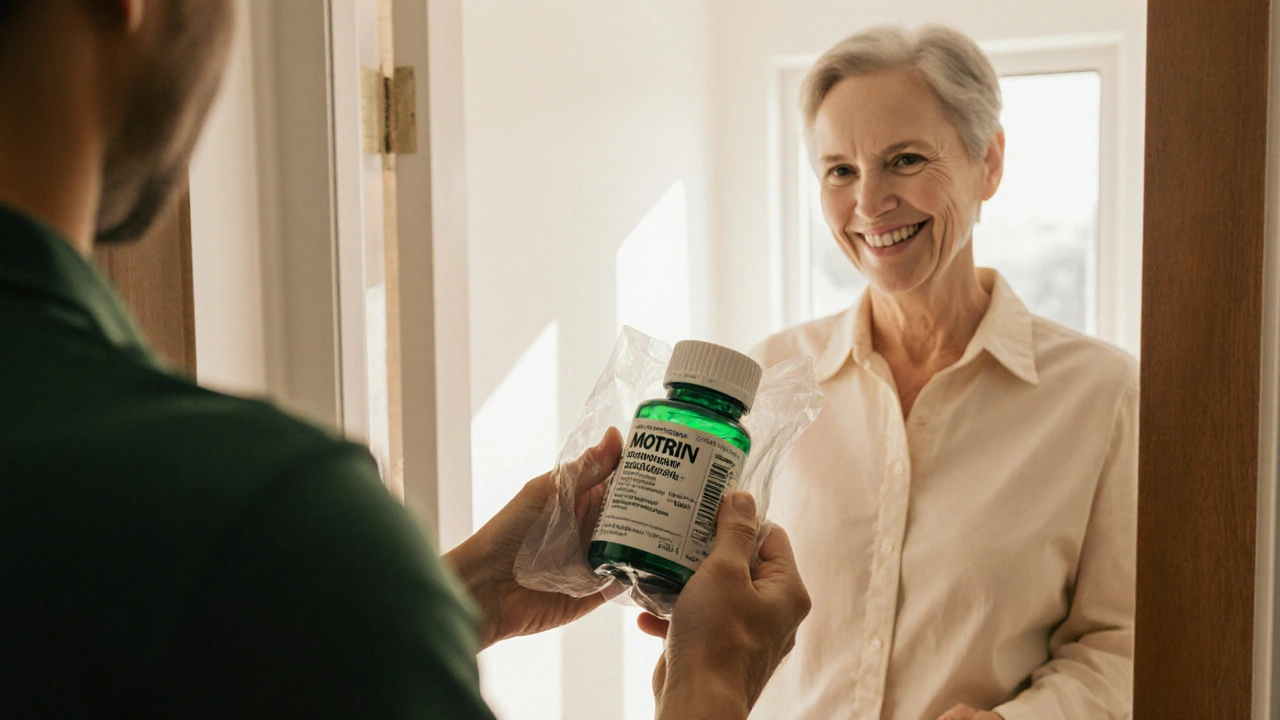 Photo of person receiving a parcel and inspecting a generic Motrin bottle at home.