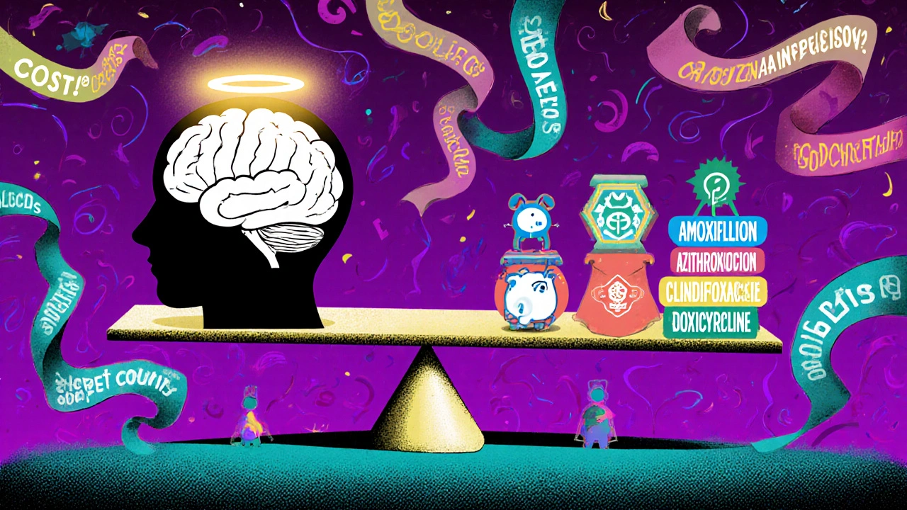 Psychedelic scale balancing a brain for CNS infection against cost, pregnancy safety, and resistance icons.