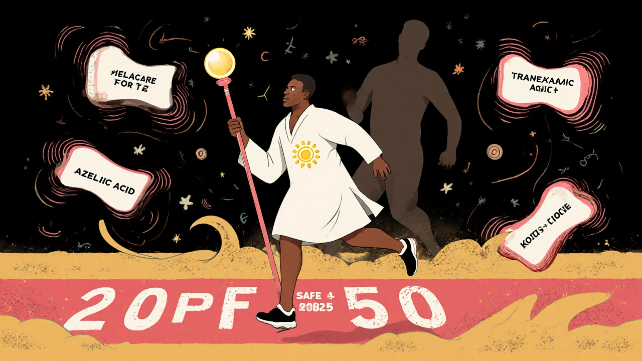 Runner crossing finish line with safe skincare products, while Melacare Forte crumbles behind in Wes Wilson’s iconic flowing design.