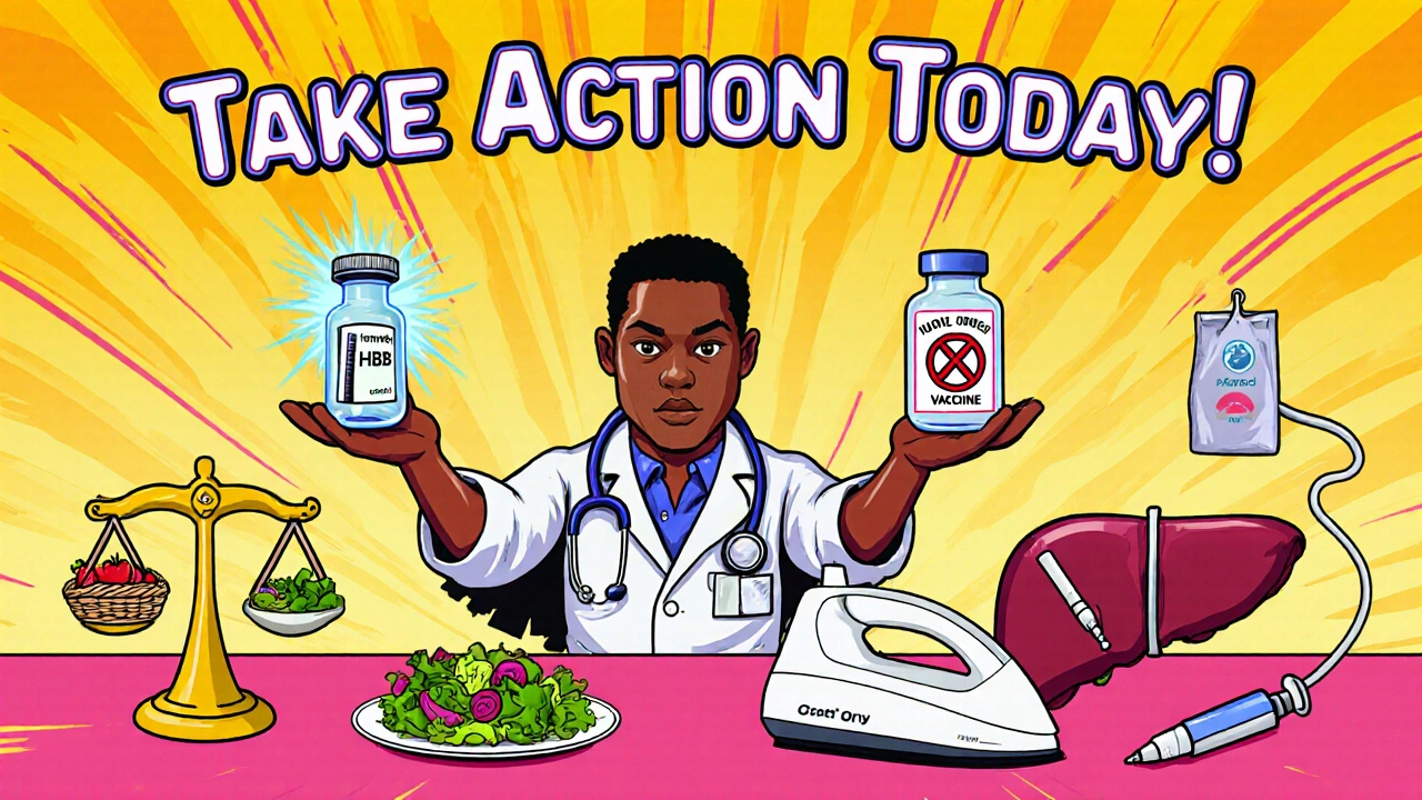 Scene showing vaccine, antiviral pills, healthy diet, weight loss, quitting smoking, and screening.