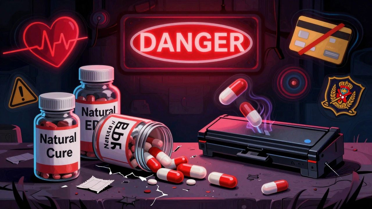 Shadowy underground pharmacy with fake ED pills turning into toner and danger signs